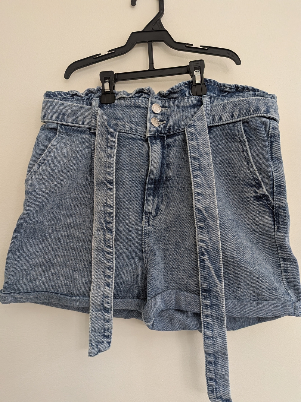 Cool Girl Staple Light Blue Paperbag Waist Denim Shorts with Self-Tie Belt